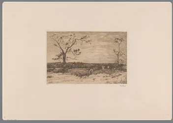 Paysage avec arbres nus et bûcherons