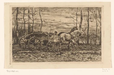 Chariot avec bois de chauffage tiré par deux chevaux
