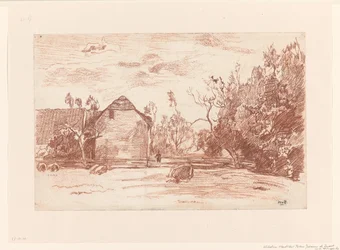 Prairie avec bétail paissant, ferme à gauche