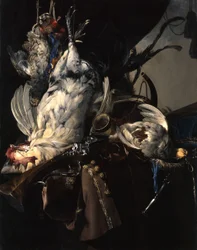 French : Nature morte avec des oiseaux abattus et du matériel de chasse Still life with game and hunting gear