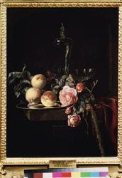Nature morte de roses et de pêches