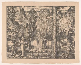 Femme et bélier dans un jardin clos