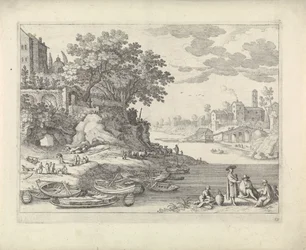 Port avec barques, figures et bétail