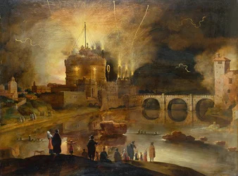 Le Castel Sant Angelo, Rome, avec des habitants regardant un feu d