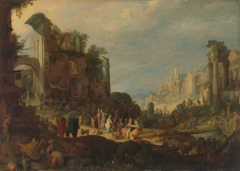 Voyageurs parmi des ruines romaines avec Rebecca et Eliezer au puits, vers 1602-1605 (huile sur cuivre)