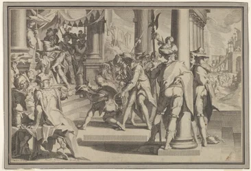 Allégorie de la Justice et de la Sainteté de la Loi avec une scène de tribunal représentant un homme gracié, 1605