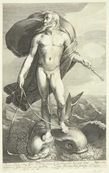 Neptune chevauchant deux dauphins