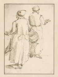 Homme et femme en vêtements paysans, vus de dos