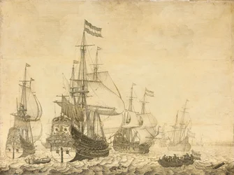 Paysage marin avec les navires de guerre néerlandais, y compris le Drenthe et le Prince Frédéric-Henri