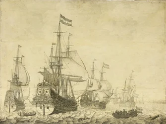 Paysage marin avec des navires de guerre néerlandais, y compris le Drenthe et le Prince Frederick-Henry, vers 1670