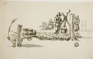Des hommes avec des canons, des tonneaux de poudre et une ancre