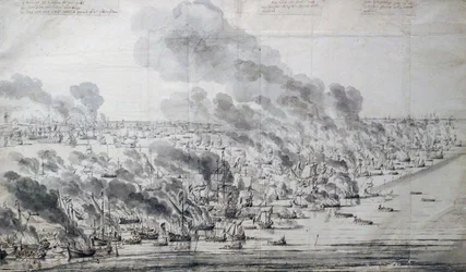 Robert Holmes incendiant la flotte hollandaise à Terschelling