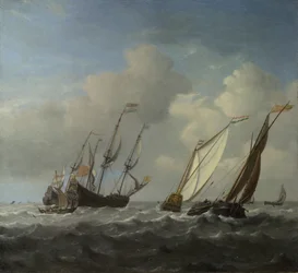 Un navire hollandais, un yacht et des embarcations plus petites dans une brise, vers 1660