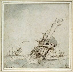 Un navire amiral, accélérant pour échapper à la tempête. Dessin de Willem van de Velde le Jeune (1633-1707), exécuté vers 1700