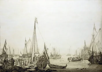 Une variété de navires dans un port bondé, cette peinture est historiquement associée au voyage de Charles II d