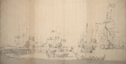 Un weyschuit tiré à terre dans un port bondé, c.1672