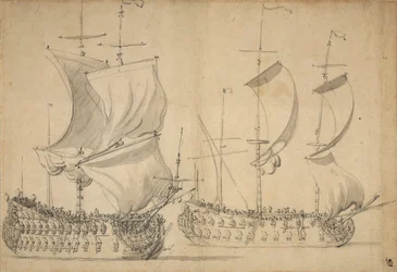 Un troisième et un quatrième rang anglais sous voile, vers 1677