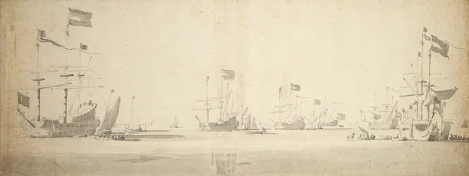 Navires amiraux néerlandais au mouillage avec des bateaux à côté, vers 1664