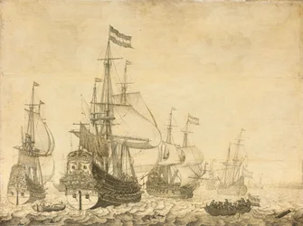 Paysage marin avec les hommes de guerre néerlandais