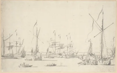 Les yachts et les navires au mouillage près de Sheerness, vers 1677