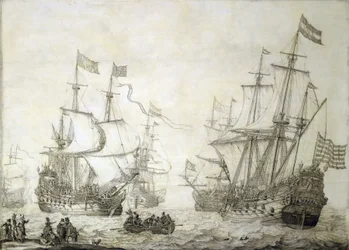 Deux navires marchands de la Compagnie néerlandaise des Indes orientales, quittant le rivage par vent calme