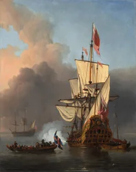 Un navire de guerre anglais tirant une salve