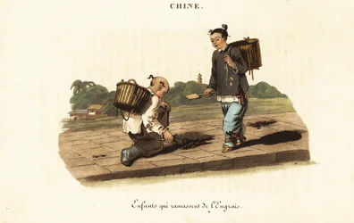 Enfants chinois ramassant du fumier de cheval