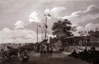 Vue du lac Pao-Yng où il est séparé du Grand Canal par une digue de terre, gravé par William et Elizabeth Ellis, publié par G. Nicol