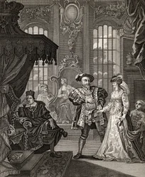 Henri VIII et Anne Boleyn, gravé par T. Cooke, extrait de "The Works of Hogarth", publié en 1833 (lithographie).
