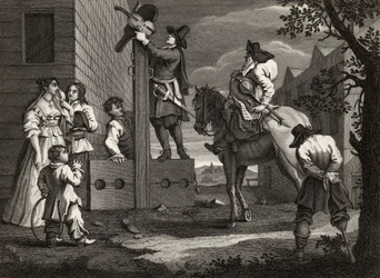 Hudibras menant Crowdero en triomphe, tiré de "Hudibras" de Samuel Butler (1612-80) gravé par J. Romney, tiré de "The Works of William Hogarth", publié en 1833 (lithographie).