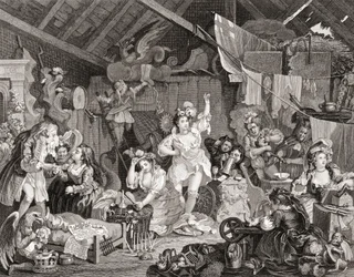 Comédiens ambulants répétant dans une grange, gravé par G Presbury, de The Works of Hogarth publié à Londres en 1833