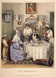 Le Petit-déjeuner. Un jeune couple marié (un fonctionnaire de la Compagnie des Indes orientales et sa femme) prenant le petit-déjeuner avec des poissons frits, du riz et des oranges de Sylhet, avec des serviteurs en assistance. Lithographie de J. Bouvier.
