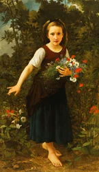 Petite fille près du ruisseau tenant une gerbe de fleurs