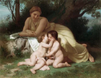 Jeune femme contemplant deux enfants enlacés