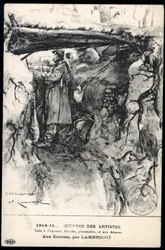 Première Guerre mondiale - Carte patriotique montrant un soldat dans une tranchée regardant la ligne de front, intitulée : 