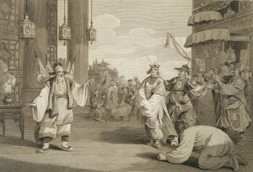 Scène dans une pièce historique présentée sur la scène chinoise, gravée par James Heath, pub. par G. Nicol, 1796