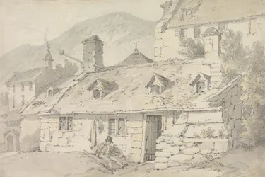 Cottages en pierre dans un paysage montagneux avec une figure au premier plan