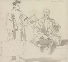 Deux figures chinoises : Un vendeur de chapeaux et un homme assis en tailleur, fumant une pipe