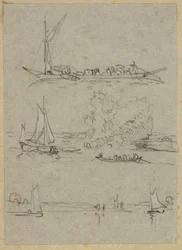 Trois esquisses de bateaux sur la rivière de Düsseldorf