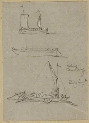 Trois croquis de bateaux sur le Rhin à Düsseldorf