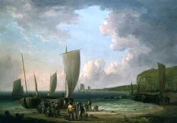Paysage côtier avec des pêcheurs déchargeant