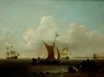 Navires hollandais au large des côtes de Hollande avec des pêcheurs chargeant un bateau à terre