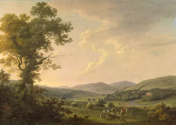 Paysage avec faneurs et vue lointaine d