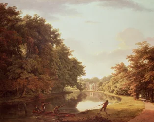 Barque sur la rivière Clodiagh à Charleville Forest, Offaly avec la ferme castellée et la laiterie gothique au-delà, vers 1810