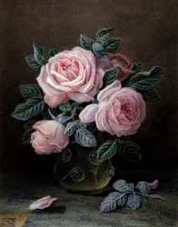 Roses roses dans un vase de verre. Peinture de William Hough (fl.1850-1900) Collection privee.