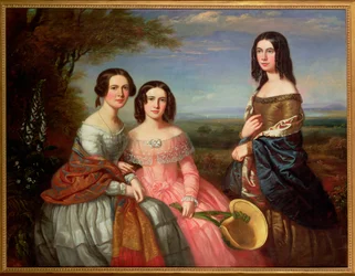 Portrait de groupe de trois filles, trois quarts de longueur, dans un paysage, 1849