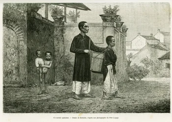 Un sorcier ambulant, un masseur aveugle. Gravure par Barbotin, pour illustrer l