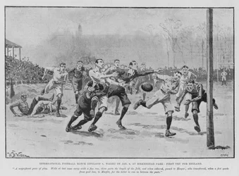 Match de football international (Angleterre contre Pays de Galles) le 6 janvier, à Birkenhead Park, premier essai pour l
