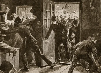 Affrontement à Ennis entre des membres de la National League et la police, 1886, illustration tirée de «Cassell