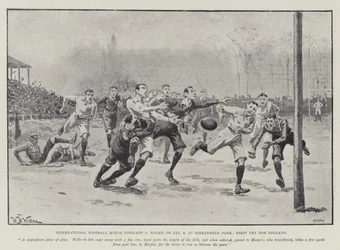 Match de football international (Angleterre contre Pays de Galles) le 6 janvier, à Birkenhead Park, Premier essai pour l